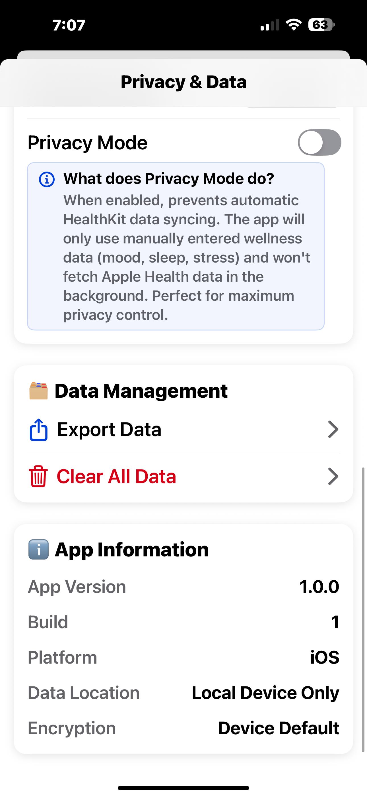 ZenSync Privacy Settings - Your data stays on your device